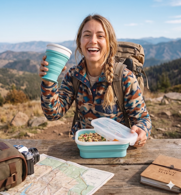 Portable Foldable Silicone Lunch Box — Collapsible Travel Food Container with Water Cup