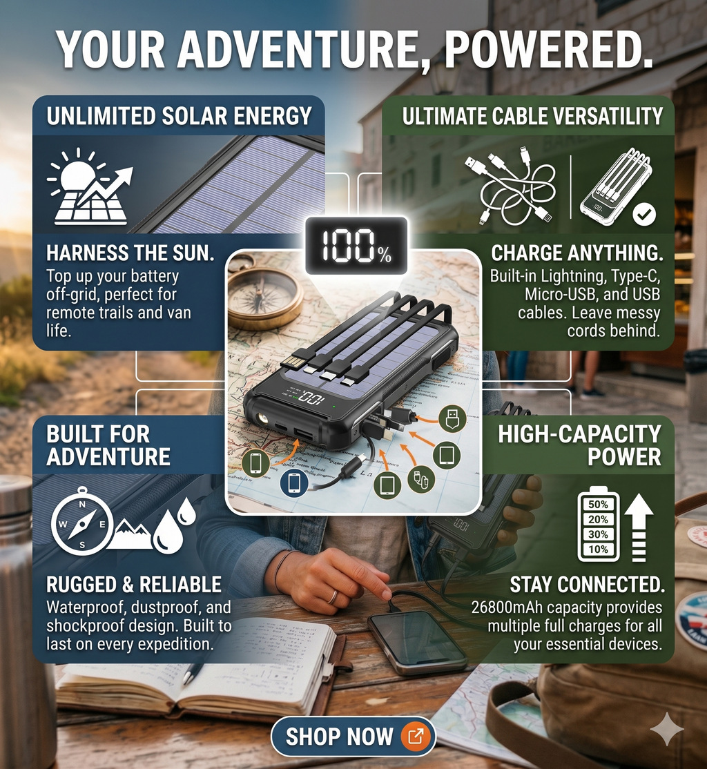 20000mAh Solar Power Bank with Type C Fast Charging - Stay Charged, Stay Safe, Stay Connected