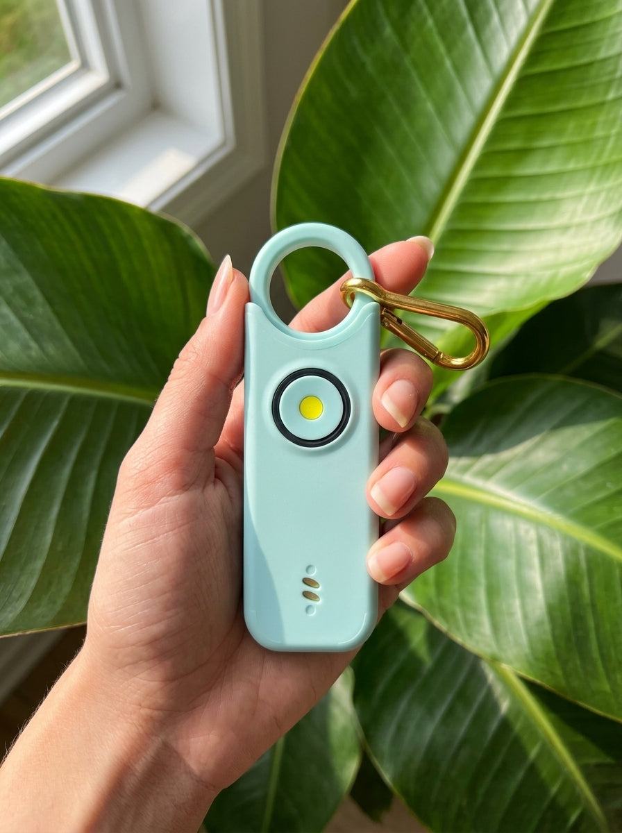 Personal safety alarm held in hand against tropical green leaves - lifestyle