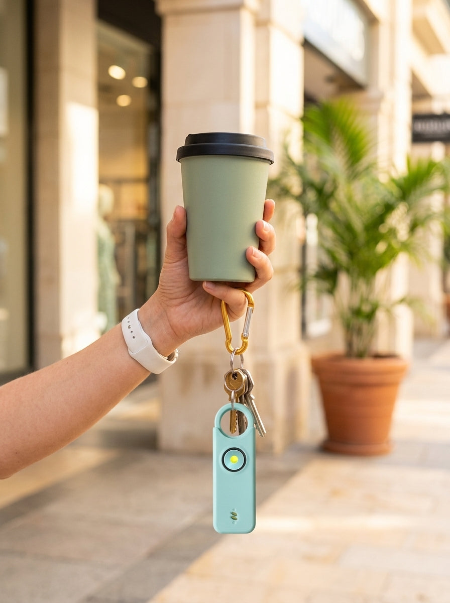 Personal safety alarm on keyring with coffee cup - everyday carry lifestyle