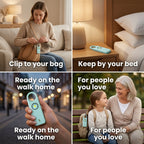 Personal safety alarm four use cases - bag, bedside, walk home, loved ones